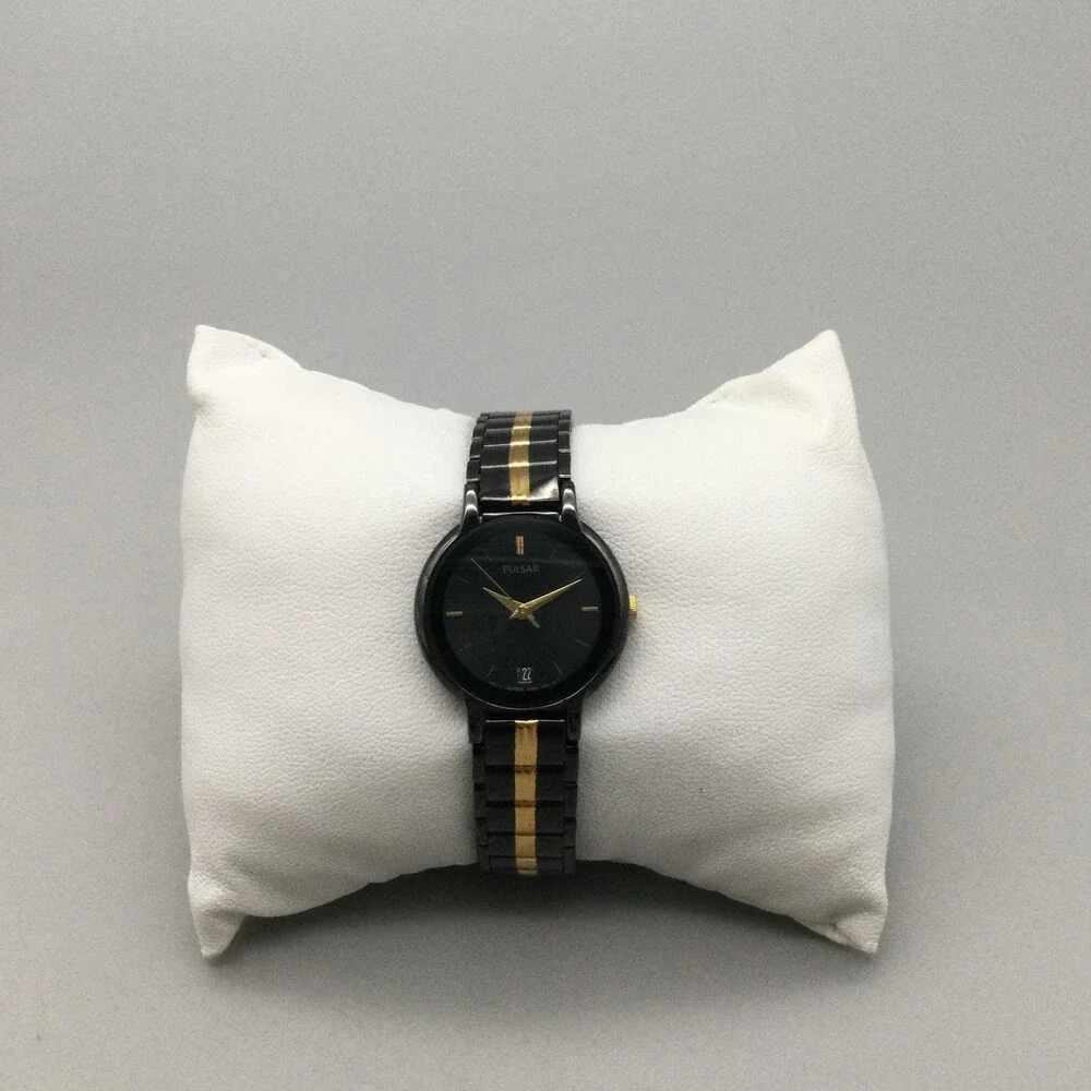 Pulsar Womens Watch 24mm Black Gold Tone Bracelet Date V722-0590 New Battery 7
